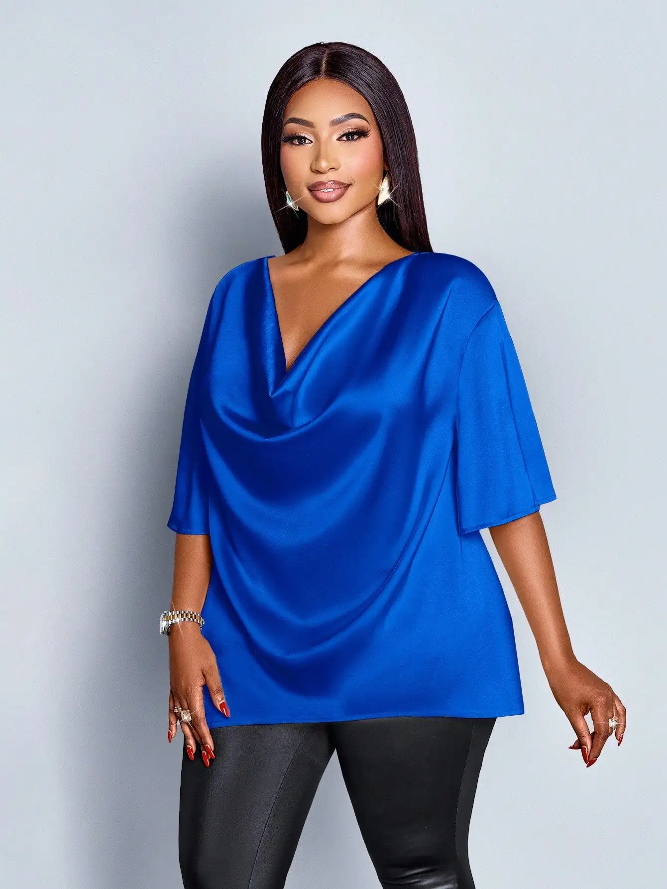 

Plus Size Women Solid Color Elegant Cowl Neck Batwing Sleeve Blouse Summer