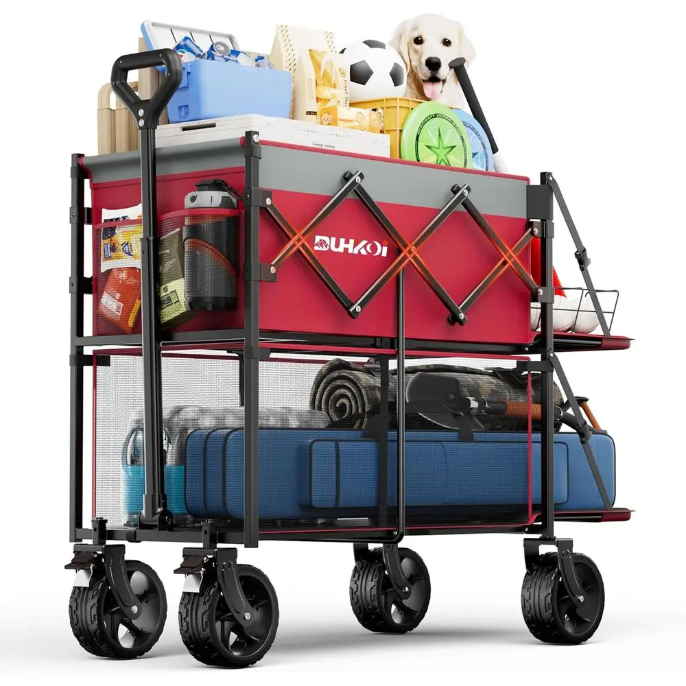 

Double Decker Collapsible Wagon with Brakes, olding Utility Cart with Big All-Terrain Wheels, 2-Tier Wagon or Camping Gear, Spor