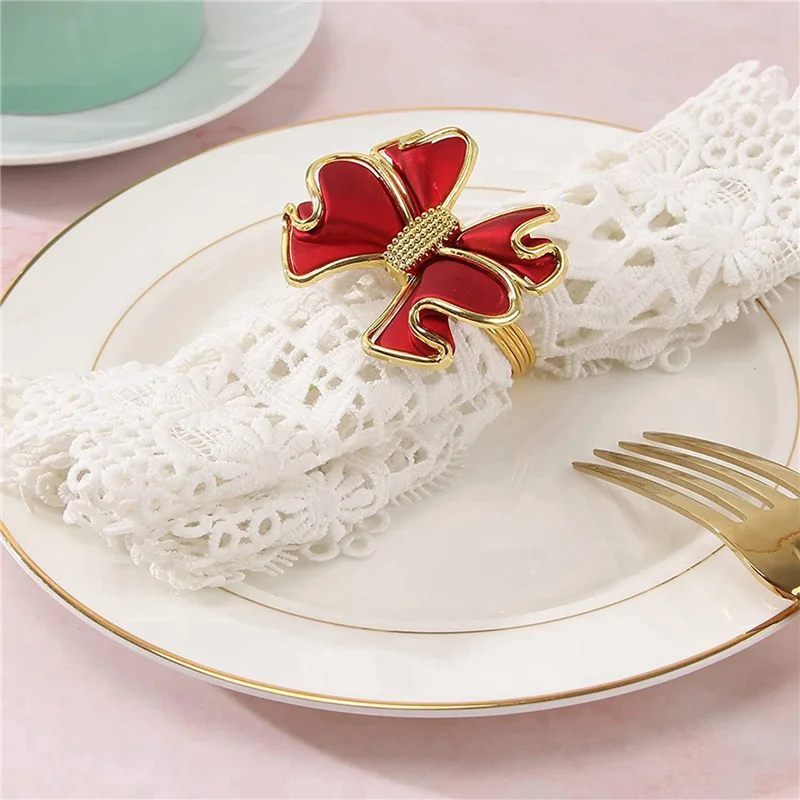 AB47-30 Pieces Red Bowknot Napkin Rings, Butterfly Knot Napkin Ring Holders Handmade Metal Napkin Buckles Elegant Table Decor