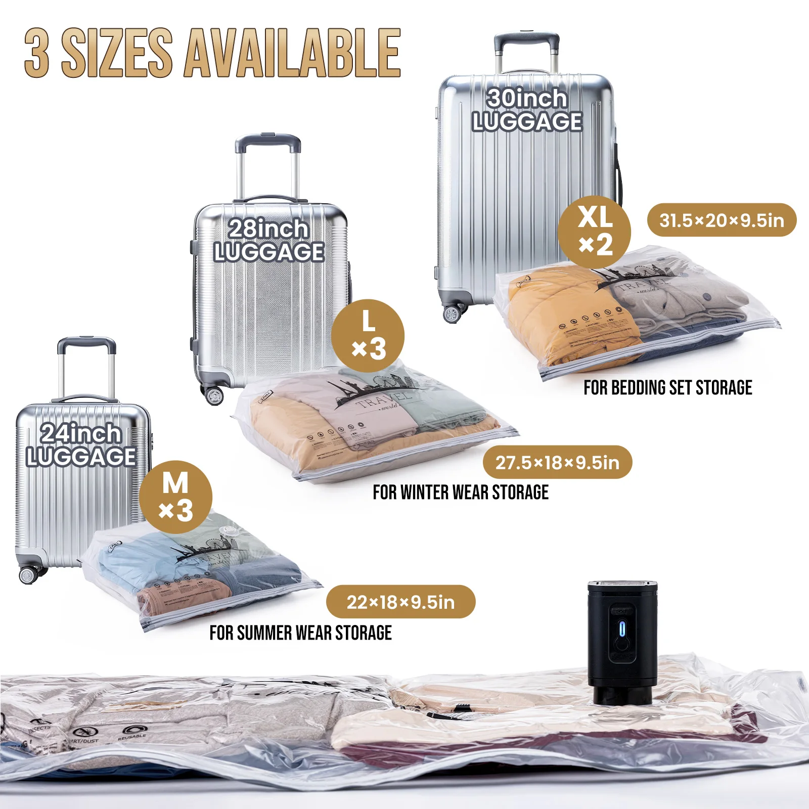 TAILI 8 Pack Travel Vacuum Storage Bags with Electric Pump, Space-Saving Compression Bag for Clothes, Luggage, Cruise & Home Use