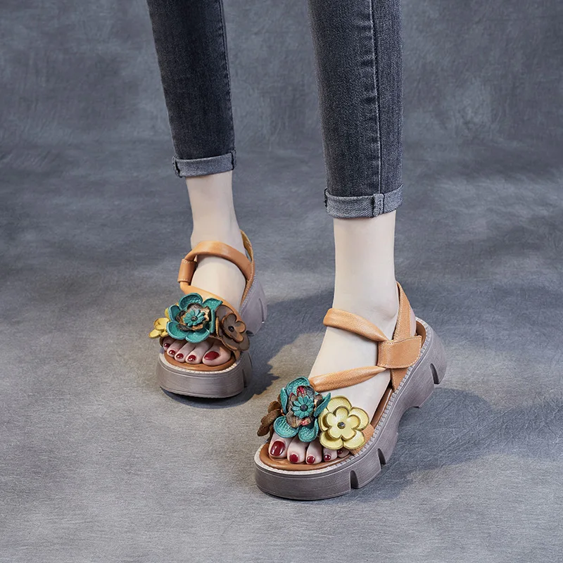 2024 Summer Full Genuine Leather Classic Flowers Shoes Women Fashionable Sandals Thick Sole Heightening Sandals Trendy Sandals