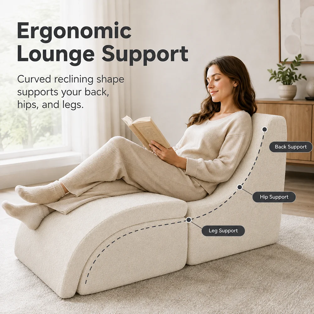 Multi Mode Foldable Ergonomic Recliner Chaise Lounge Sofa, Dense Foam Support Convertible Ottoman Footrest for Indoor Relaxation