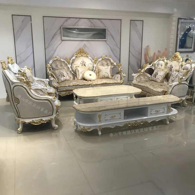 French fabric sofa, solid wood double-sided carved European fabric sofa, villa large-sized sofa
