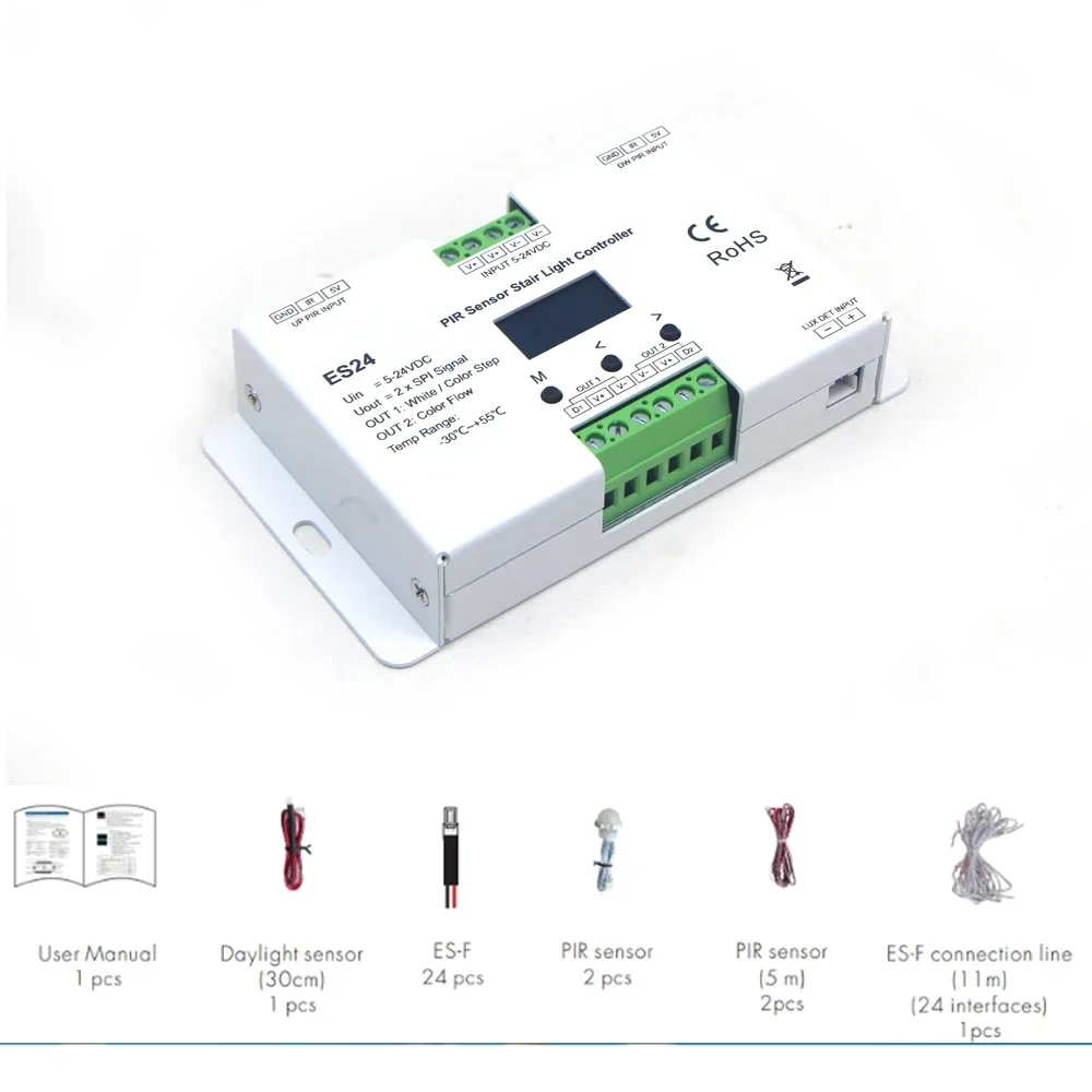PIR Sensor Stair Controller ES24 24CH Single Color RGB Pixel SPI LED Strip Dimmer Indoor Stairway Light Led Controller DC 5V-24V