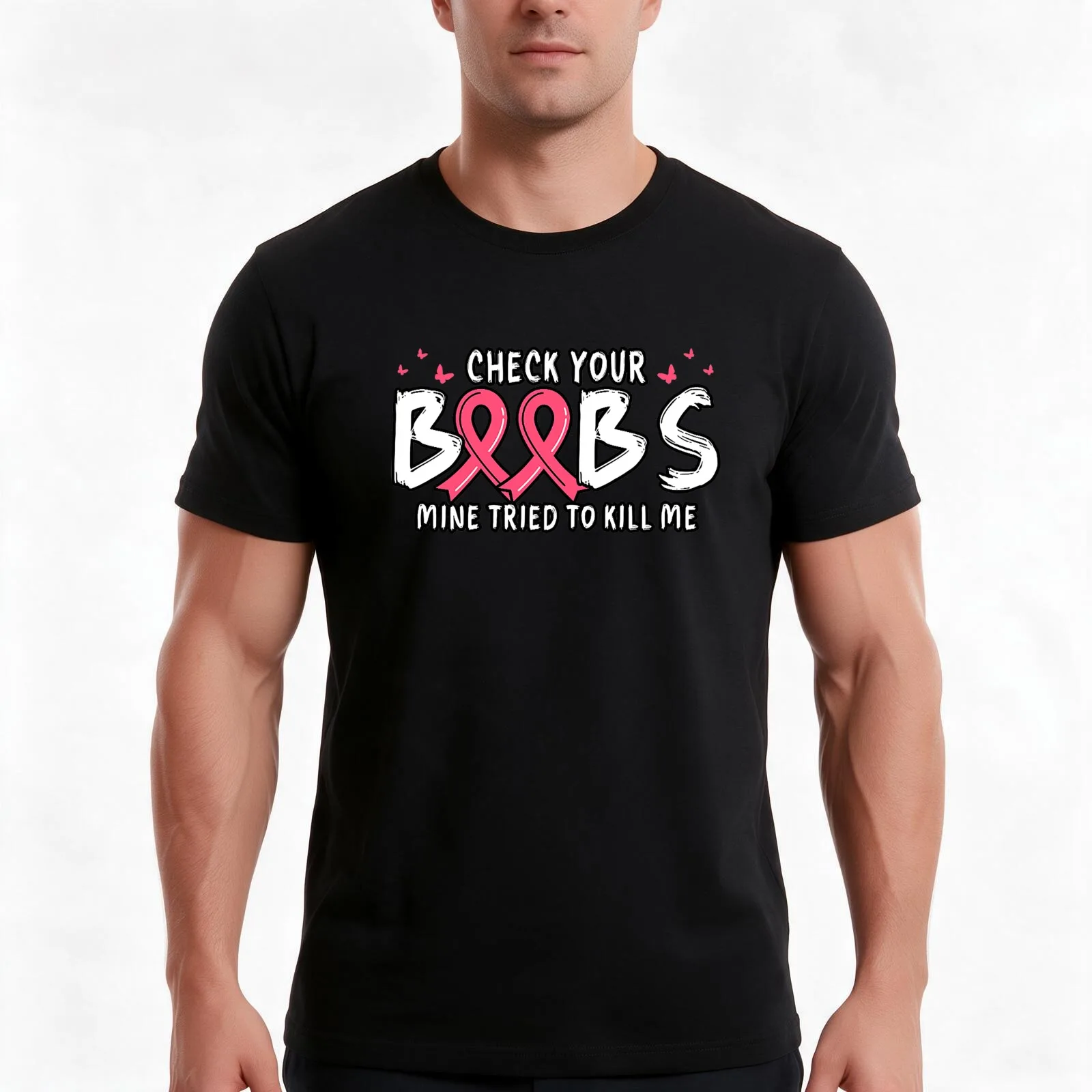 Womens Cancer Awareness Check Your Boobs Mine Tried To Kill Me T-Shirt, Summer Casual Cotton Tee, Oversized Streetwear Tops