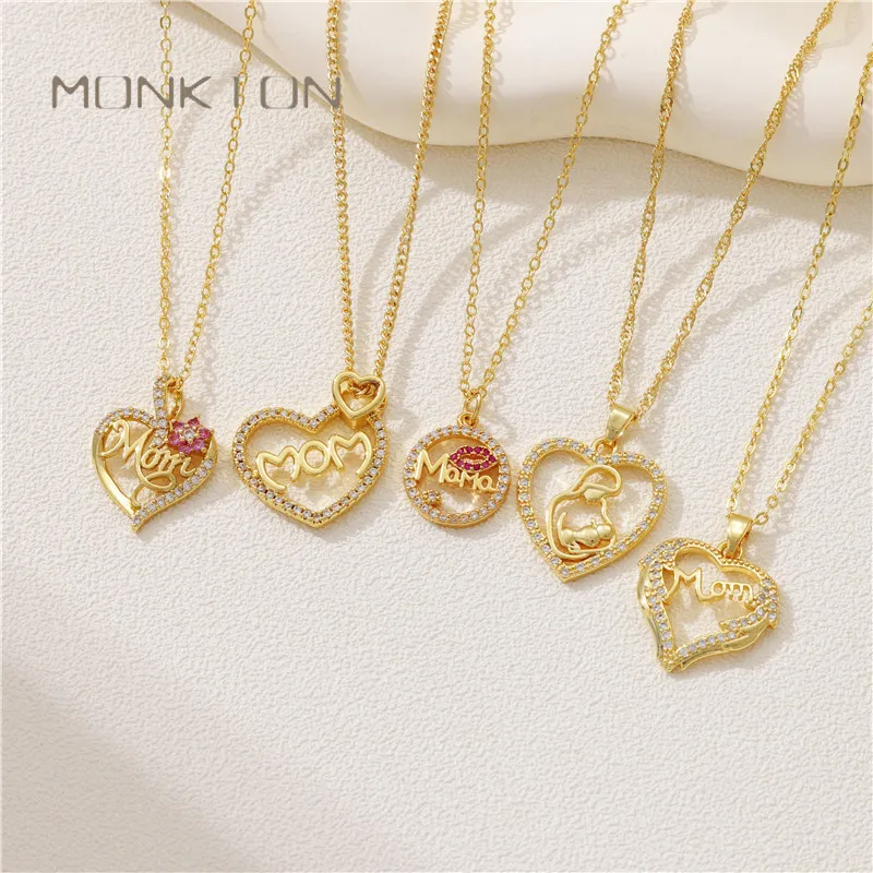 Monkton Mom Heart Pendant Necklace For Women Crystal Zircon Hollow Heart Necklaces Mother's Day Gift Mama Family Jewelry