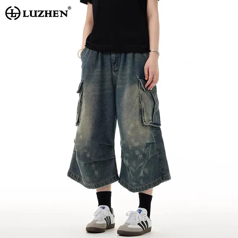 

LUZHEN Trendy Vintage Washed Pockets Decorate Cargo Denim Cropped Trousers Men's 2025 Summer Streetwear Straight Shorts JY2807