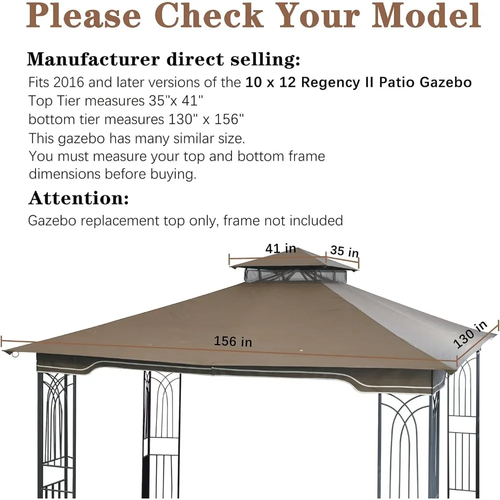 Replacement Gazebo Canopy for 10 x 12 Regency II Patio Gazebo Model L-GZ798PST,L-GZ798PST-E,A111014400,A101004104,A101004105 (K