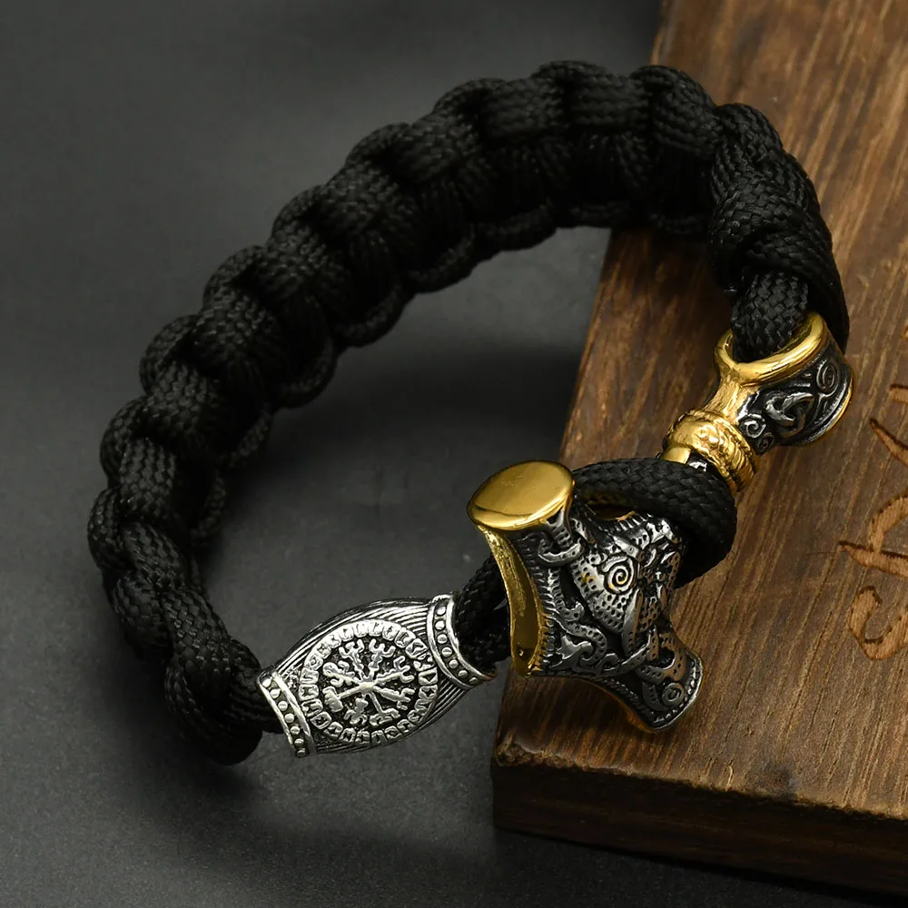 Mens Viking Mjolnir Bracelet Stainless Steel Thor Hammer Wristband Norse Mythology Runes Amulet Jewelry