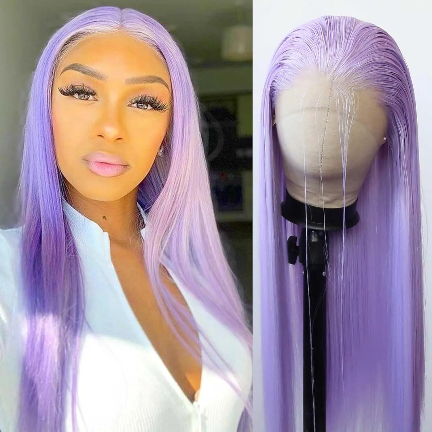 Lavender Purple Straight Lace Front Wig PrePlucked 13x4 HD Glueless Free Part Synthetic And Blend Daily Cosplay Wear For Women