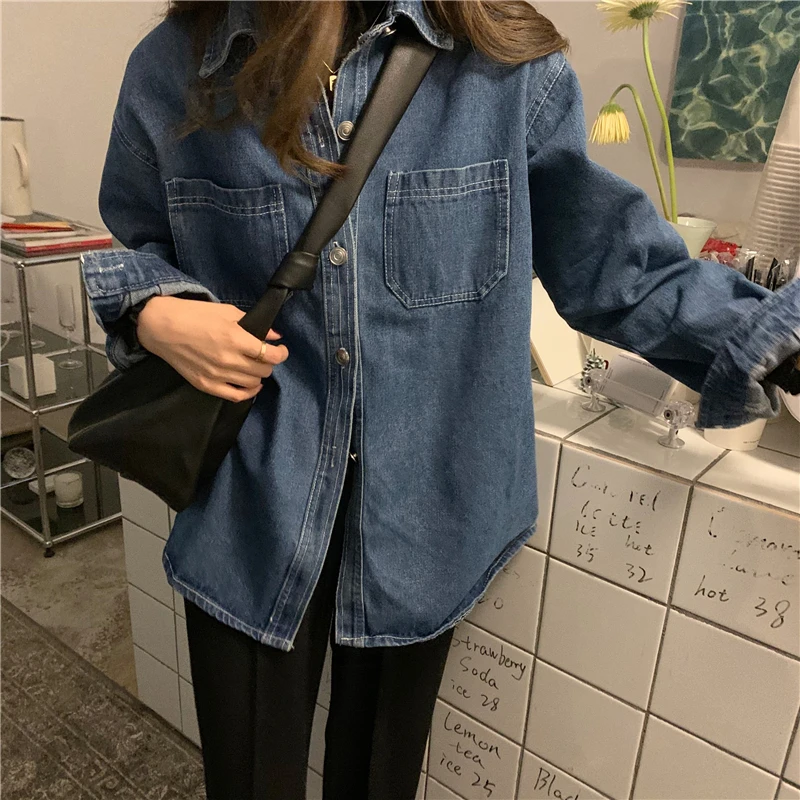 S-5XL Women Denim Blouse Blue Long Sleeve Turn Down Collar Loose Casual Shirt Spring Autumn Single-Breasted Outerwear Female