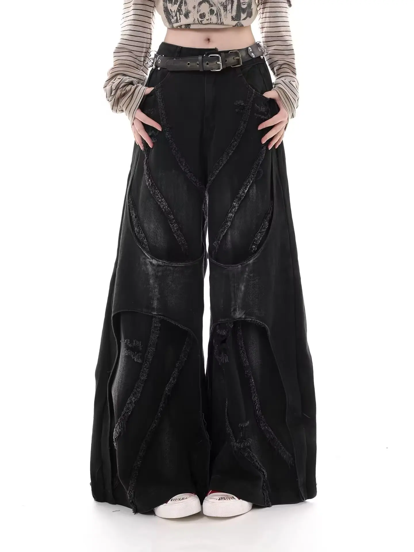 Women's Double Layered Spliced Wide Legs Jeans Sweatpants Casual Pants Male High Waist Y2k Cool Hip Hop Denim Trousers