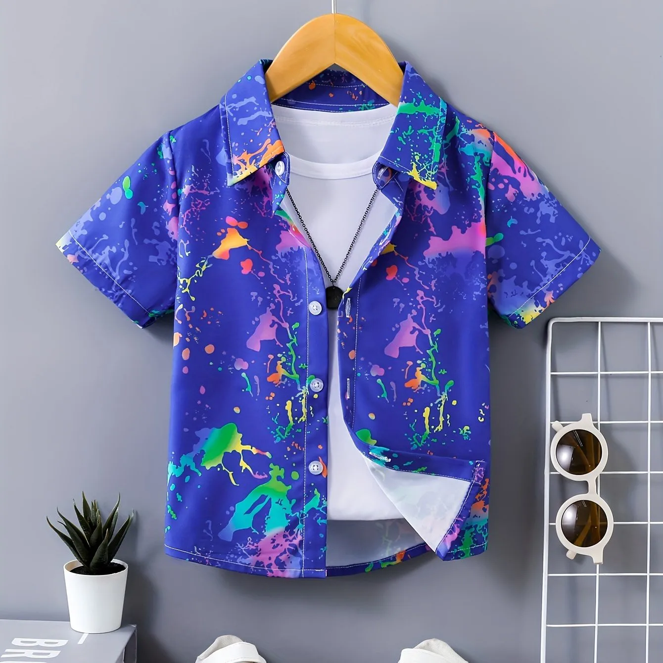 Colorful Splash Ink Print Boys Creative Shirt Casual Short Sleeve Lapel Shirts Tops Children Boys Clothes for Summer Outdoor