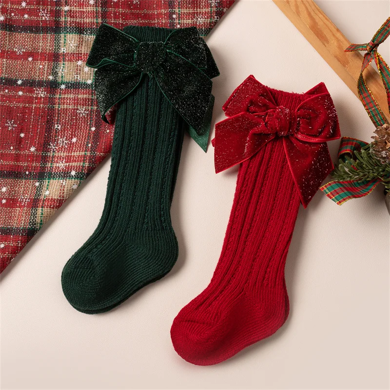 2 Paar/Set Weihnachts-Kniestrümpfe für Kleinkinder und Kinder, Mädchen, niedliche große Schleife, Neujahrs-Baumwoll-Langsocken, weiche warme Beinwärmer – Detail 8