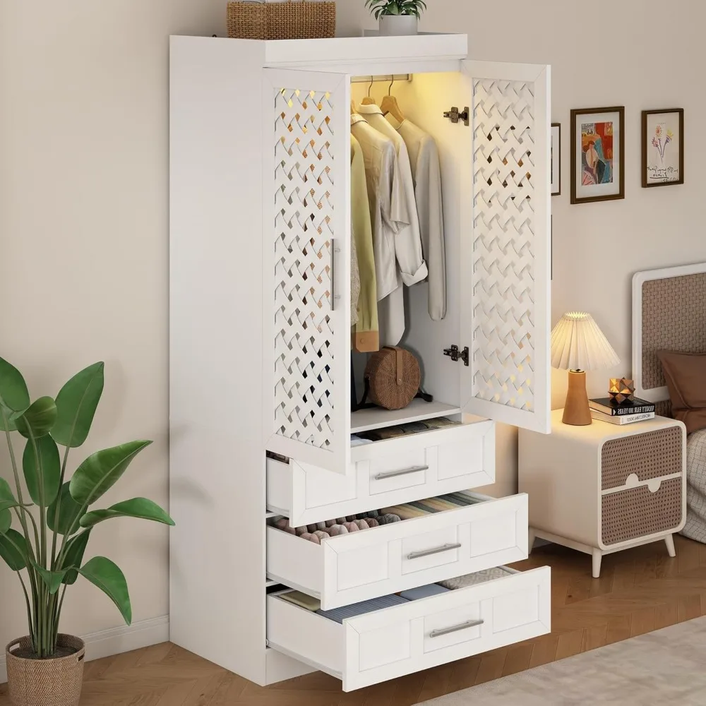 خزانة ملابس من Armoire مع بابين منسوجين 75.6 خزانة ملابس كبيرة مع أدراج تخزين وحاجز تعليق، قائم بذاته