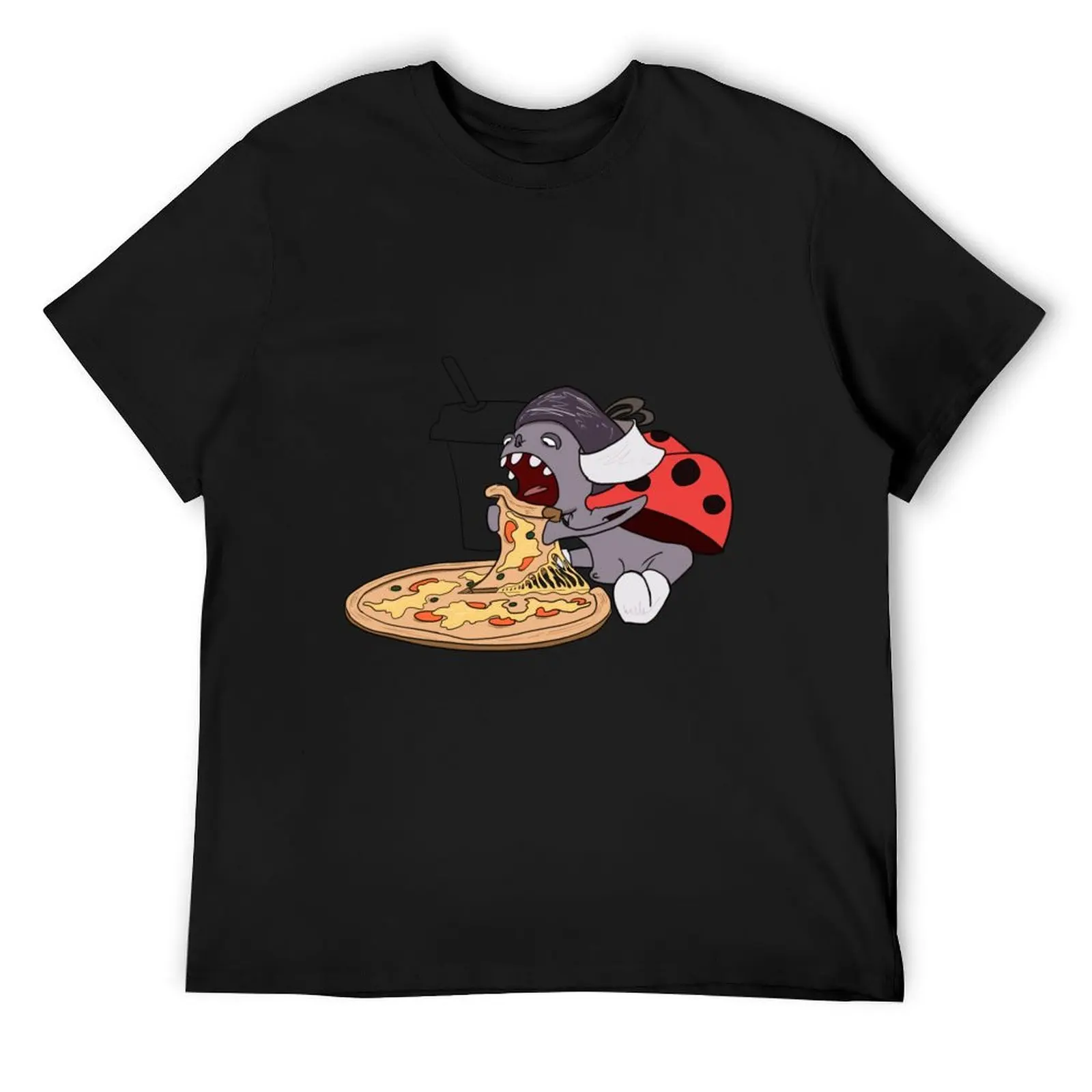 A funny ladybug in a hat and boots eats pizza. Cute food scene T-Shirt shirts graphic tees tops mens t shirts pack