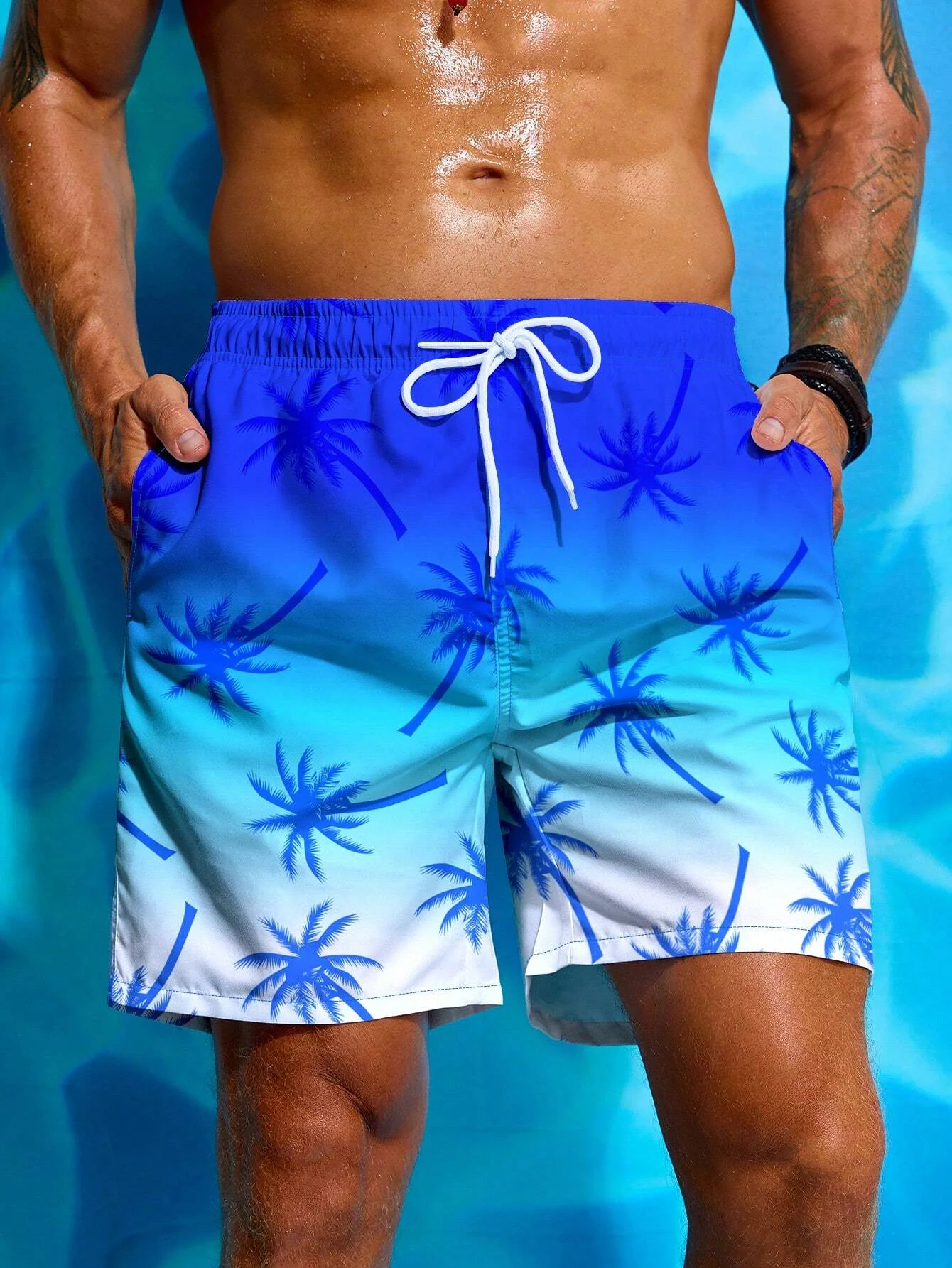 Drawstring Men\'s Beach Short Men\'s Swim Trunks Elastic Waist 3D Print Palm Tree Gradient Breathable Short Streetwear Polyster