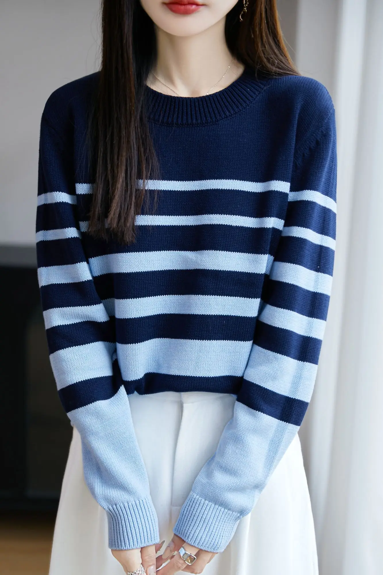 

Весенне-осенний новый стильный хлопковый полосатый вязаный свитер, женская одежда, утолщенный свободный повседневный пуловер с круглым вырезом, женские топы
