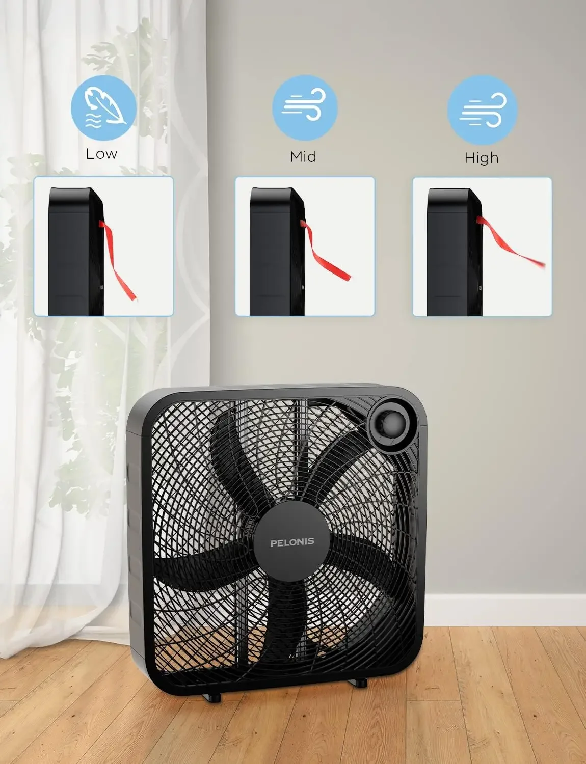 NEW 3-Speed Box Fan For Full-Force Circulation With Air Conditioner, Upgrade Floor Fan, Black, medium