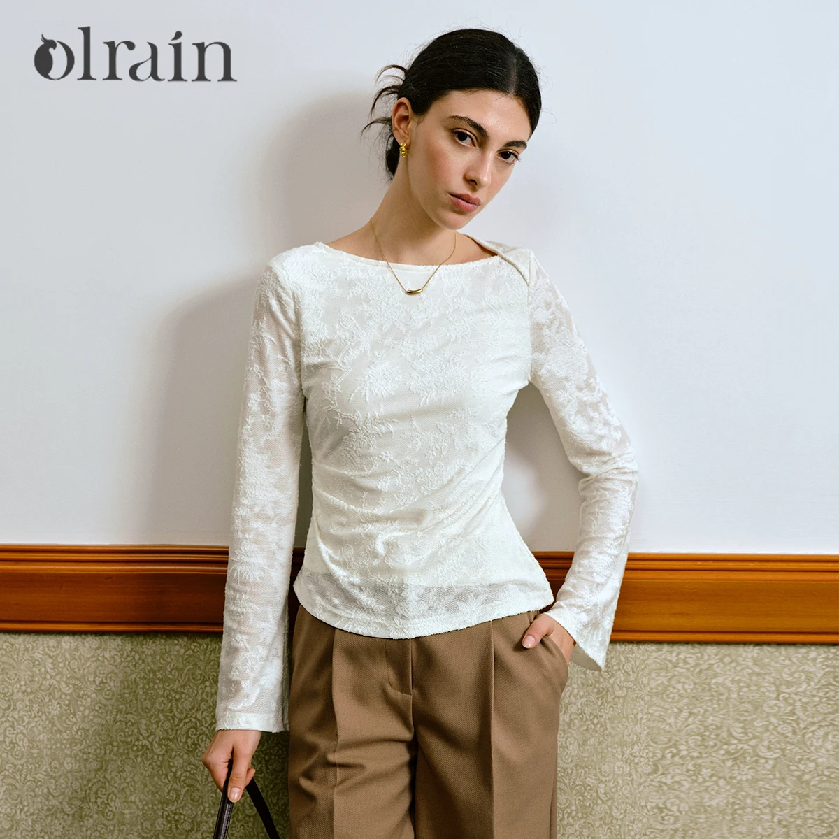 

OLrain French Romantic Jacquard Lace Tops & Blouse for Woman 2025 Autumn Asymmetric Long Sleeve Top Ladies Clothing M57QX000168