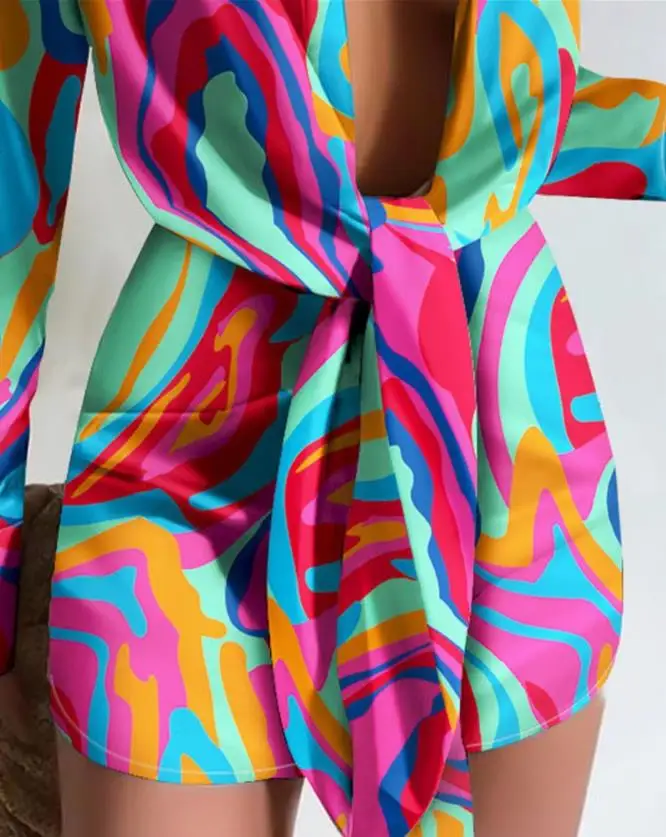 Abito camicia da donna a maniche lunghe con dettagli in pizzo stampato astratto, alla moda e casual, nuova collezione primavera/estate 2025