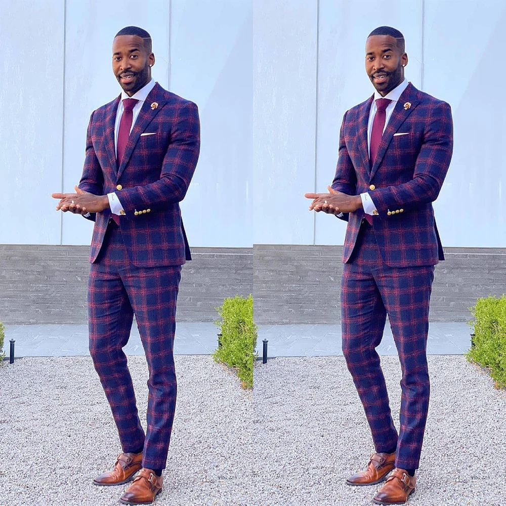 Classic Purple Plaid Men Tuxedos Vintage One Button Slim Fit Blazer Suits England Style Gentlemen Smart Casual Check Pants Set