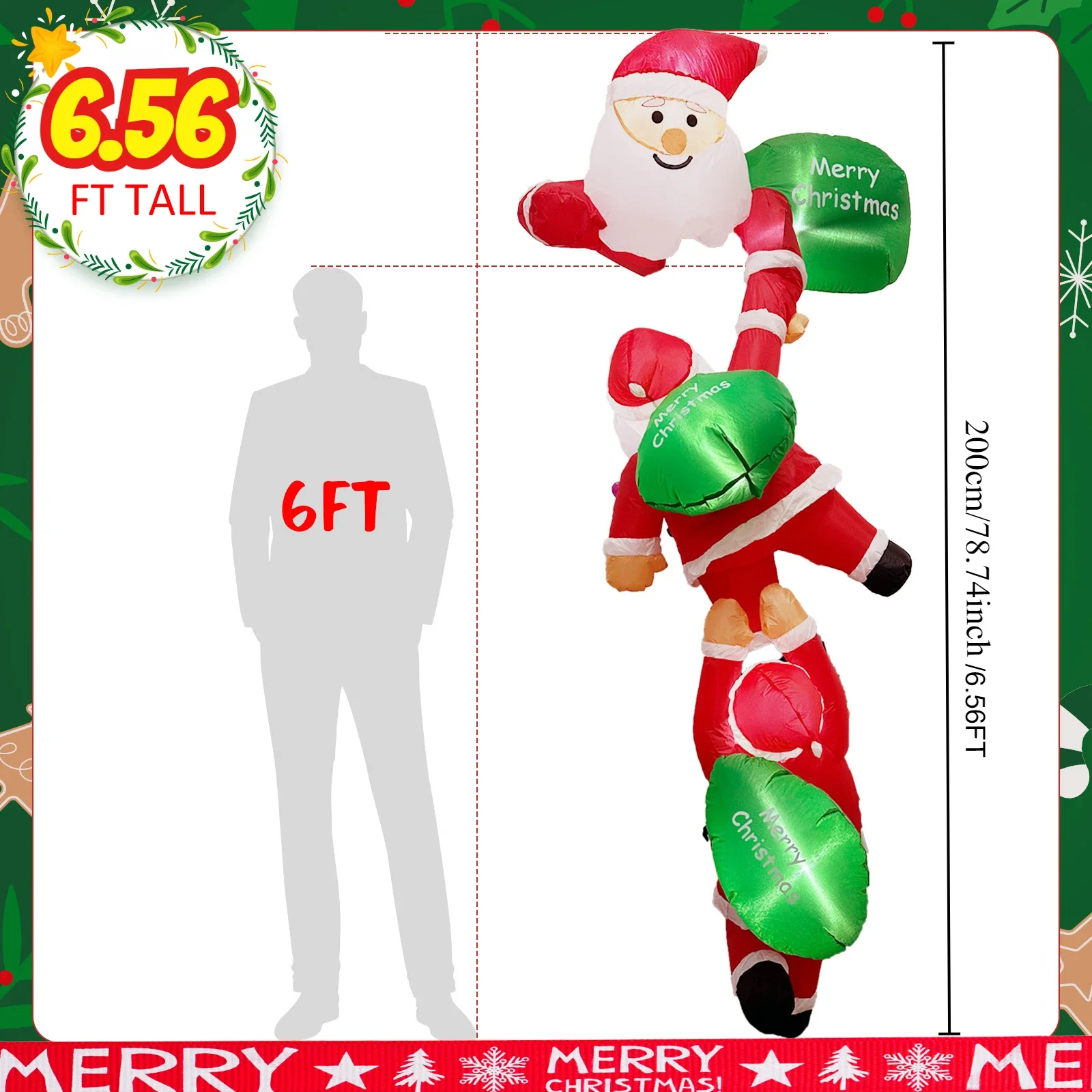 2M Outdoor Santa Claus Inflatable Toy Christmas Inflatable Decoration Santa Claus Outdoor Inflatable Props House Party Dressing