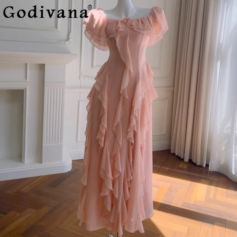 

French Off Shoulder Ruffle Pink Dress Women's Gentle Style Elegant Vacation Dress Female Lolita Style Sweet Cute Long Dress