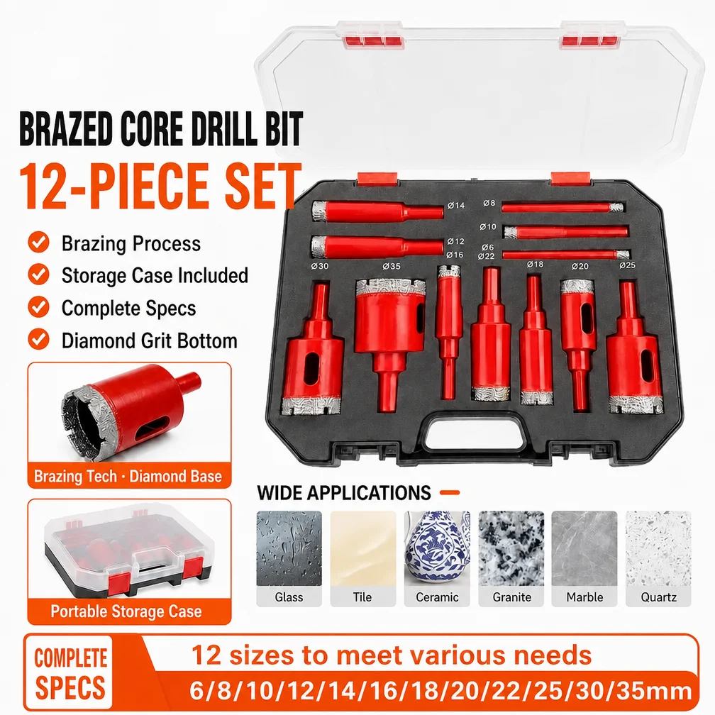 12Pcs Diamond Drill Bit Set 6-35mm Hole Saw Kit for Tile Glass Marble Granite Stone Ceramic Drywall Drilling Hand Tools