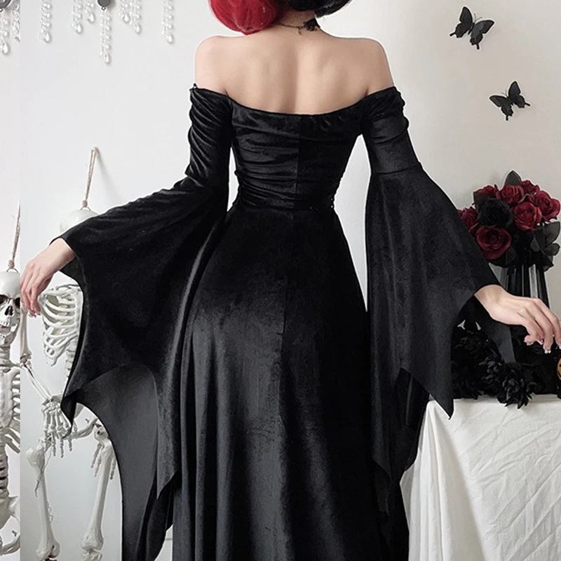 Harajuku Gothic Halloween Costumes Witch Dress Black Vintage Flare Long Sleeve Vampire Bride Outfit Cosplay Death Black Dresses