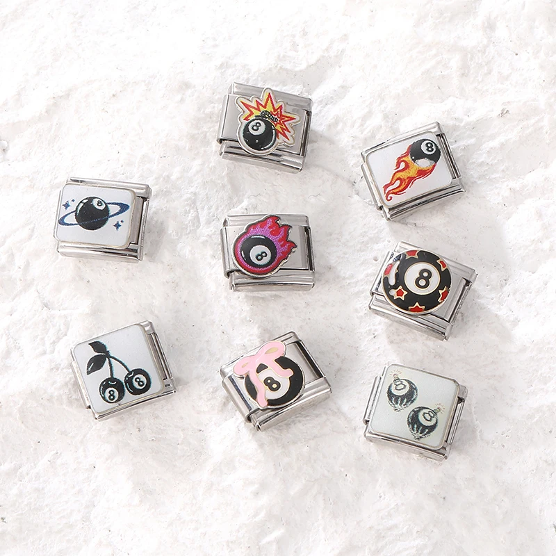 رابط سحر إيطالي يدوي الصنع على شكل كوكب وزهرة وكرز وقوس قلب وكرة رقم 8 سوداء يناسب سوار من الفولاذ المقاوم للصدأ بعرض 9 ملم هدايا موضة للرجال والنساء - 3