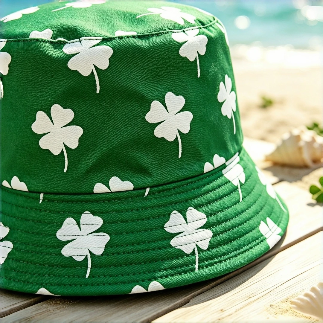 Lucky White Four-Leaf Clover Print Bucket Hat - Green Base Three-Leaf Clover Fisherman Hat - Suitable for Both Men and Women - L