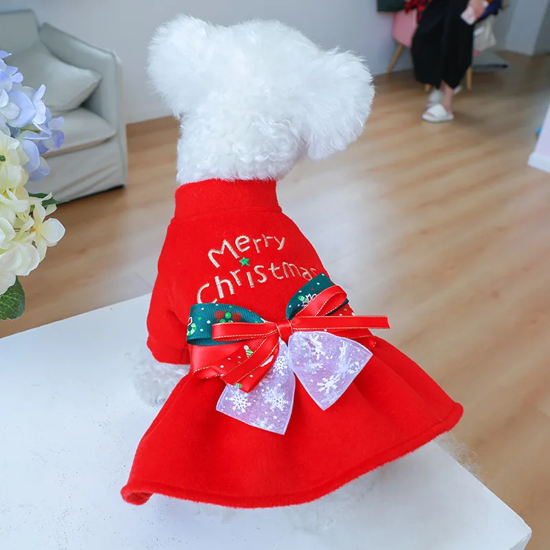 Pet Christmas Collar Dress Dog Bow Red Cat Clothing Warm Autumn and Winter Merry Christmas Dress for Small Dogs Puppy Clothes