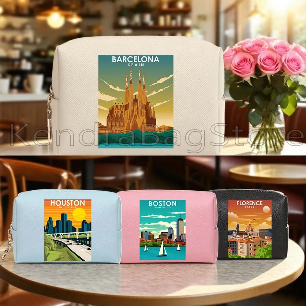 Bangkok Tailandia España Berlín Boston Dublín Edimburgo Florencia PU bolsa de cosméticos de viaje de cuero estuche de maquillaje bolsa de almacenamiento impermeable