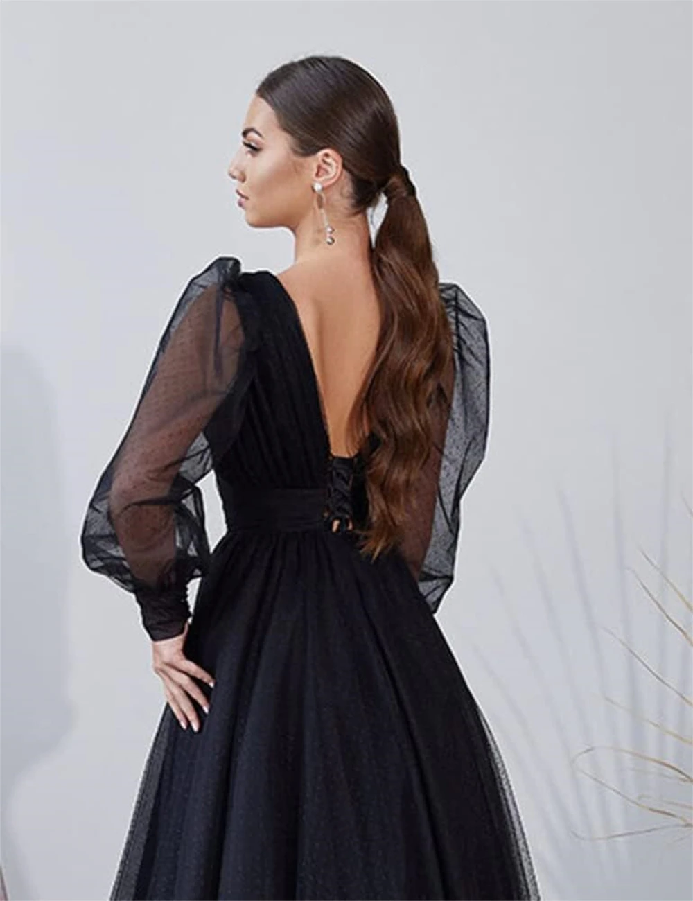 Tulle Off-the-Shoulder V-Neck Button Evening Dresses With Split Backless Long Sleeves Ball Gown A-line Pleated Corset Prom Dress