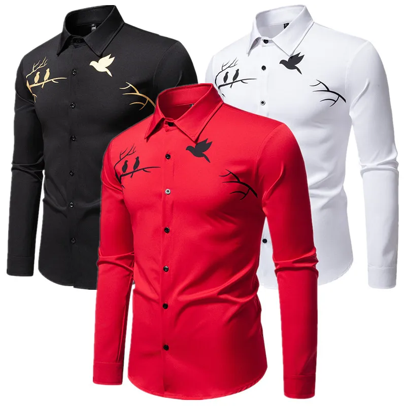 Red Long Sleeved Printed Loose Shirt Men's Clothing, Perfect for Dances, Parties, Bars, KTV， Casual Non Ironing Shirts