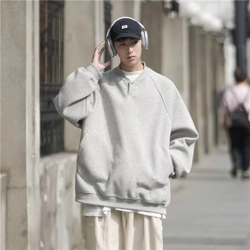 

2025 Autumn New Men's Solid Round Neck Long Sleeve Hoodie Sweatshirt Korean Fashion Oversized Loose Pullover Tops Streetwear Men