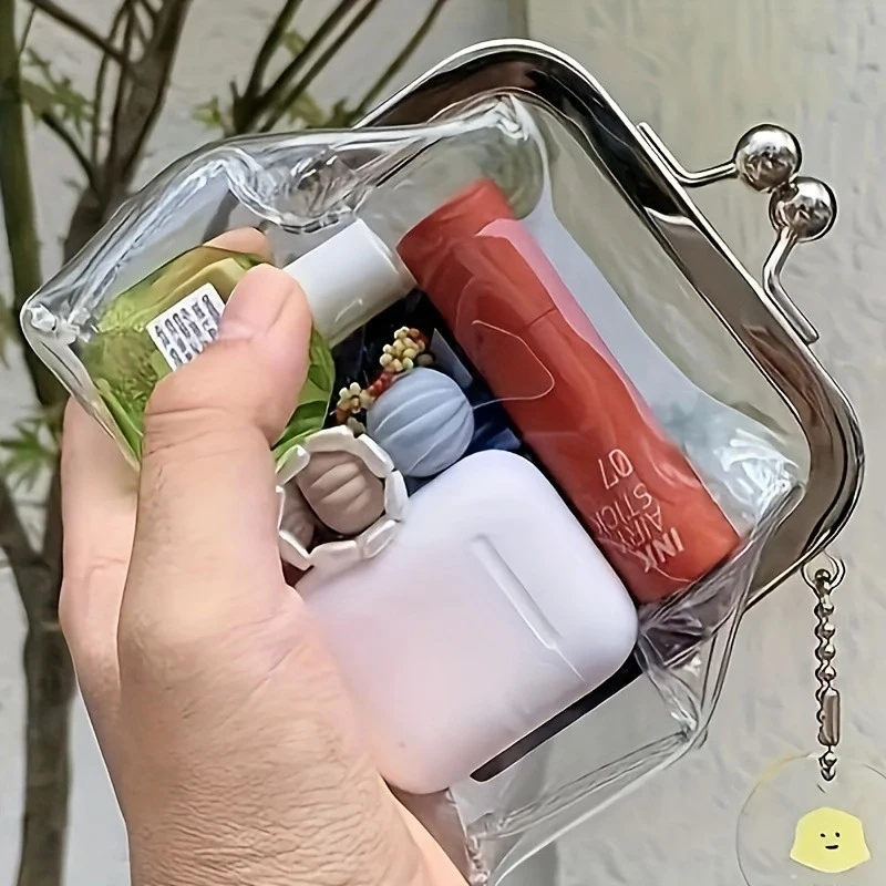 Transparente PVC-Geldbörse – tragbarer multifunktionaler Kartenhalter und Schlüsselbeutel, für Reisende und den täglichen Gebrauch, mit silbernem Kiss-Lock-Verschluss.