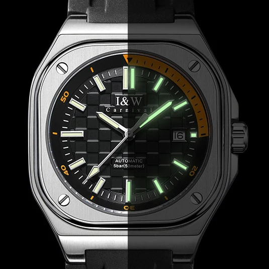 I&W Men Automatic Watch 41mm Square Luxury Watches Mechanical Wristwatch 50m Waterproof Luminous Sapphire Military Rubber Strap