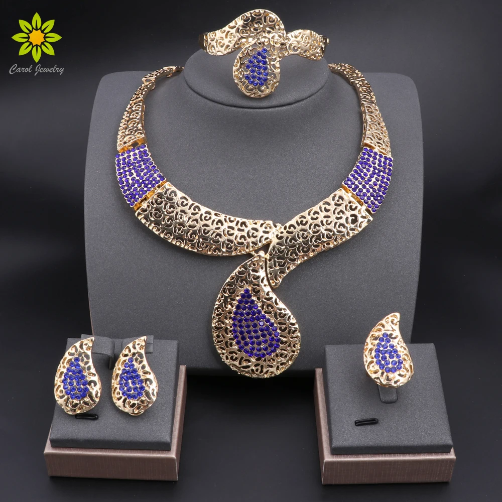 Dubai Gold Color Women Jewelry Sets Classic Design Water Drop Necklace Earrings Bracelet Ring Banquet Party Jewelry Gold Plated