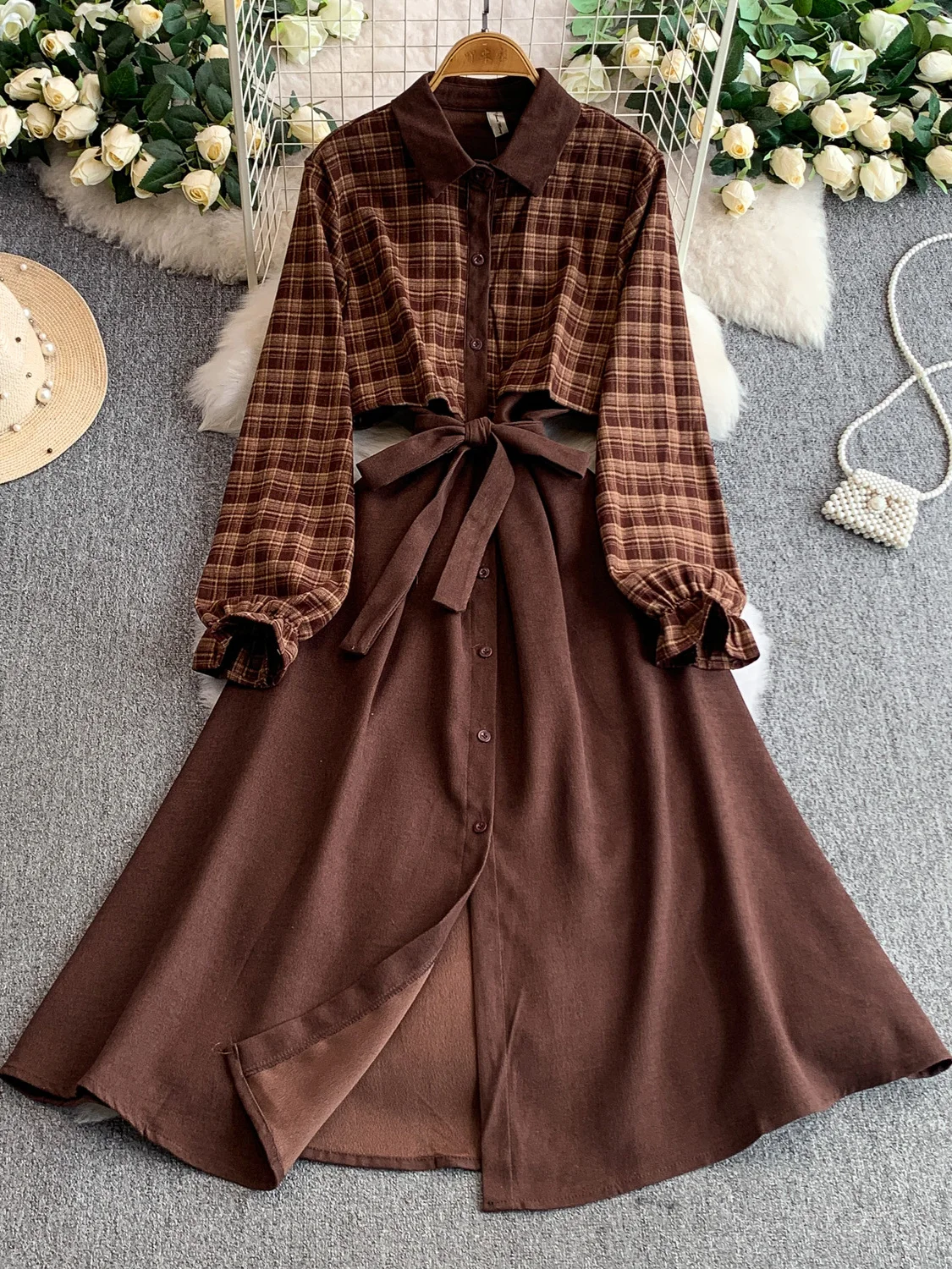 Retro Plaid irt Kragen Dr frauen Frühling Herbst Einzigen Taste Abnehmen Langen Rock Hohe Taille A-Line Dr Taste Verschluss