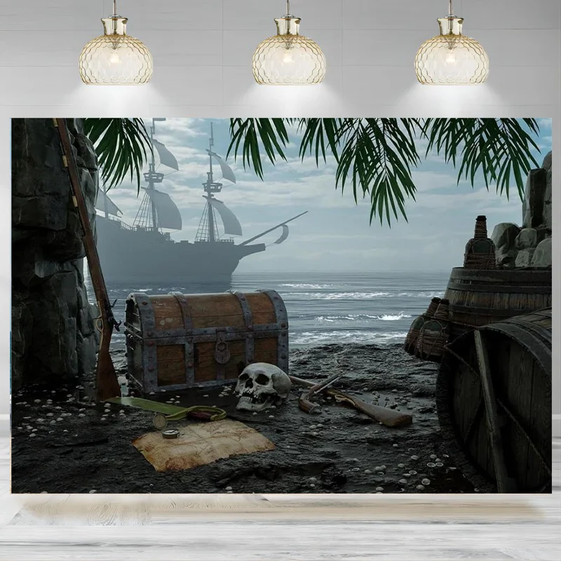 Pirate Ship Theme Backdrop Treasure Chest Map Gun Skull Pirate Island Beach Photographic Background Decorations Halloween Bann