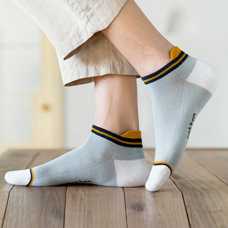 High Quality Men\'s Cotton Ankle Socks Breathable Short Casual Low Tube Stripe High Heel Anti-wear Plus Size EU 39-46