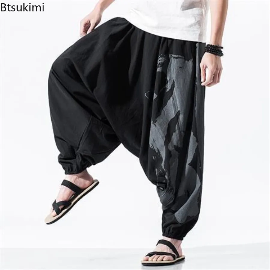 

Hip Hop Streetwear Men's Loose Fit Low Waist Cotton Linen Pants Japanese Style Casual Baggy Pants Summer Men Vintage Harem Pants