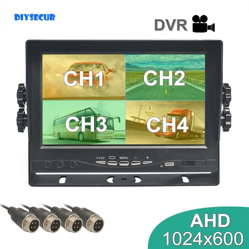 

DIYSECUR 7inch 1024*600 AHD IPS 4 Split Quad Screen Rear View Car Monitor Support 4 x 960P AHD Camera Video Recording