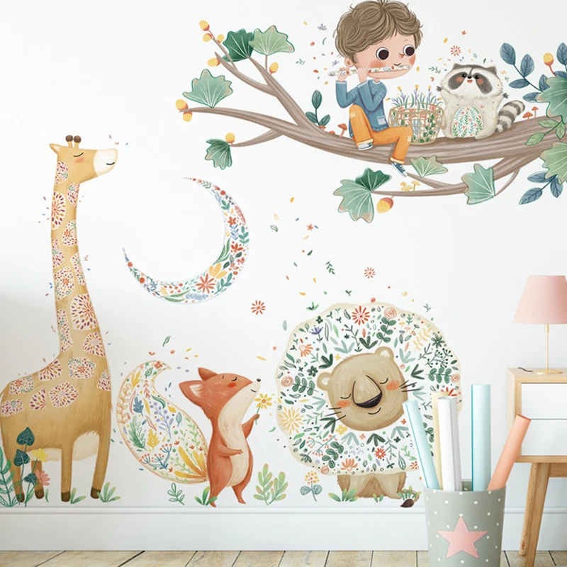 

cartoon animal tree wall sticker for kids rooms self adhesive baby nursery cute animal wall decal