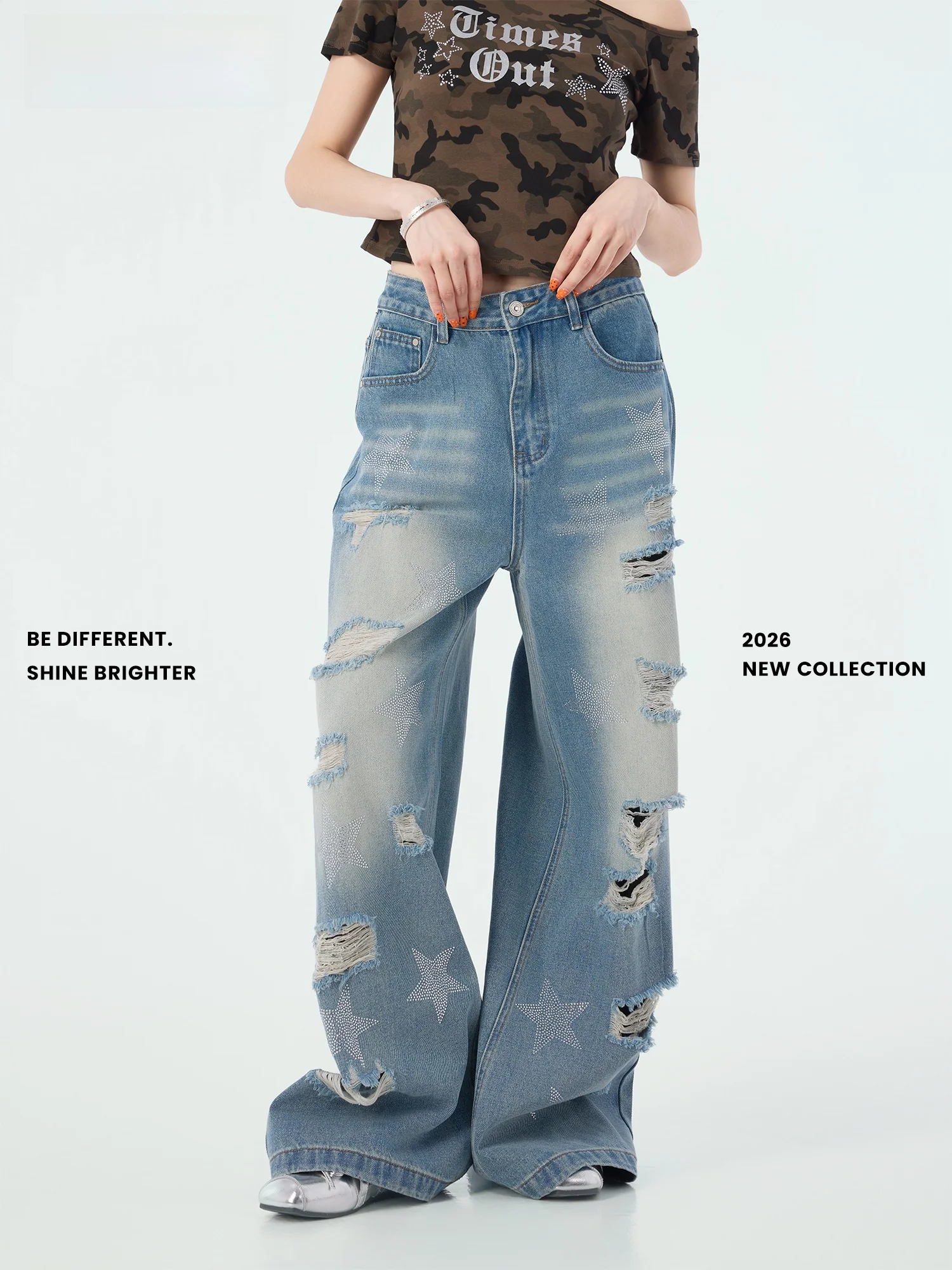 

Didimax Summer New Star Hole Denim Pants Loose Wide Leg Versatile Washed Long Trousers Cotton Natural Waist Button Closure