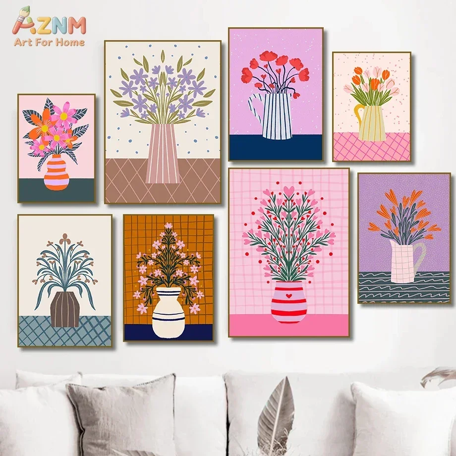 AZNM Colorful Floral Vase Canvas Wall Art Abstract Tulip Poppy Flower Grid Background Cute Boho Botanical Print Poster Living Ro