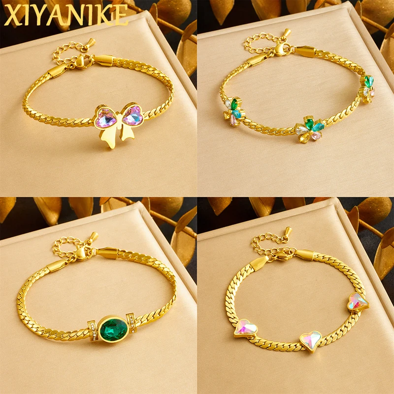 

XIYANIKE 316l Stainless Steell Exquisite Crystal Bowknot Flower Heart Bracelet Woman Romantic Holiday Gift Charm Hand Chain