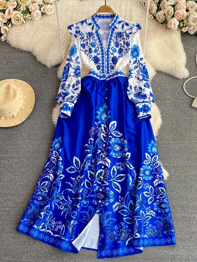 E Vestido Largo con Cuello en V y Estampado Floral, Cintura Alta, Botón Único, Falda Pada, Estilo Coreano, Vestido ...